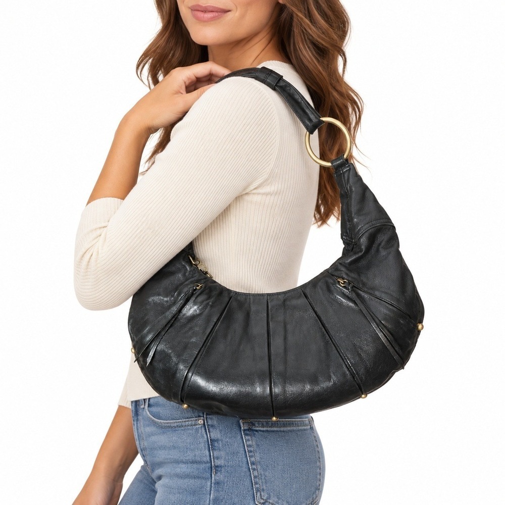 Eric Javits Dumpty Black Leather Pleated Hobo Shoulder Bag Gold Hardware